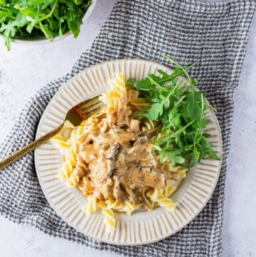 A plate with creamy chanterelle sauce and pasta.
