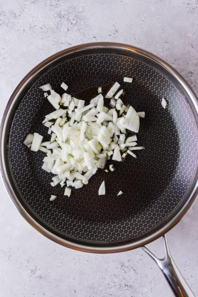 Chopped onion in a pan.